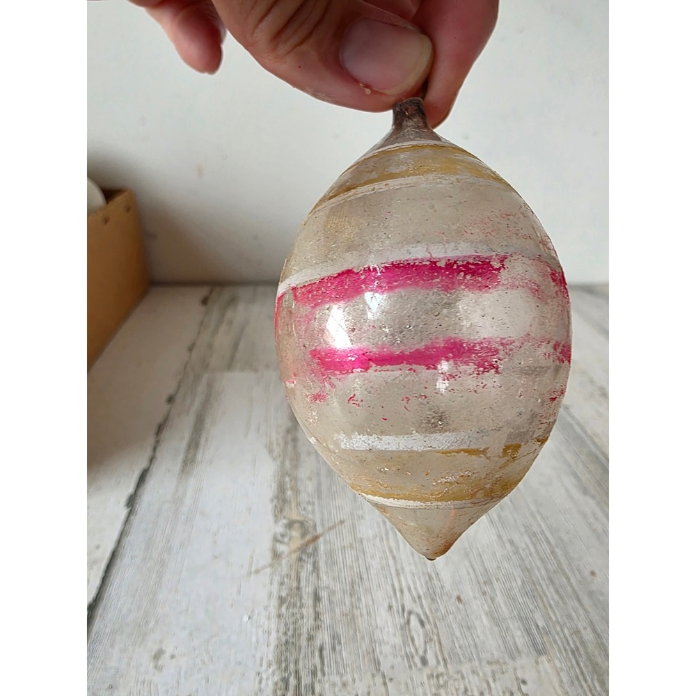 Antique unsilvered striped pink yellow as is teardrop ornament Xmas tree